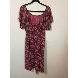 Elle Dress Brown Pink Scoop Neck Very Stretchy Dress Sz L With Waist Belt Tie